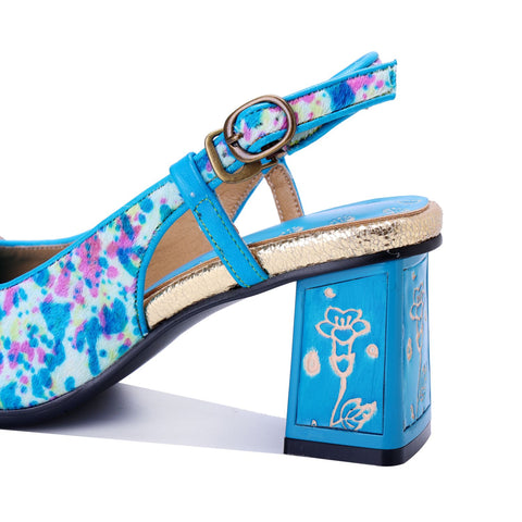 Printed Horsehair Floral Chunky High Heel Sandals (Celeste)