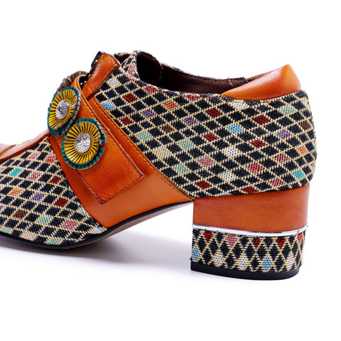 Bohemian Colorblock Plaid Patchwork Floral Velcro Zipper Heels (Morgana)