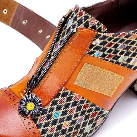 Bohemian Colorblock Plaid Patchwork Floral Velcro Zipper Heels (Morgana)