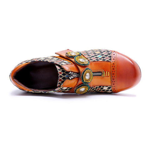 Bohemian Colorblock Plaid Patchwork Floral Velcro Zipper Heels (Morgana)