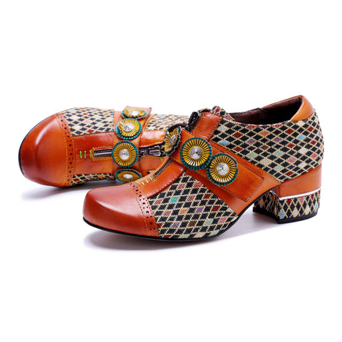 Bohemian Colorblock Plaid Patchwork Floral Velcro Zipper Heels (Morgana)