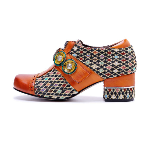 Bohemian Colorblock Plaid Patchwork Floral Velcro Zipper Heels (Morgana)