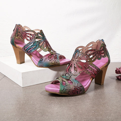 Bohemia Leather Block Heel Comfy Sandals