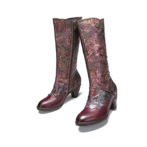 Warm Embossed Real Leather Button Boots
