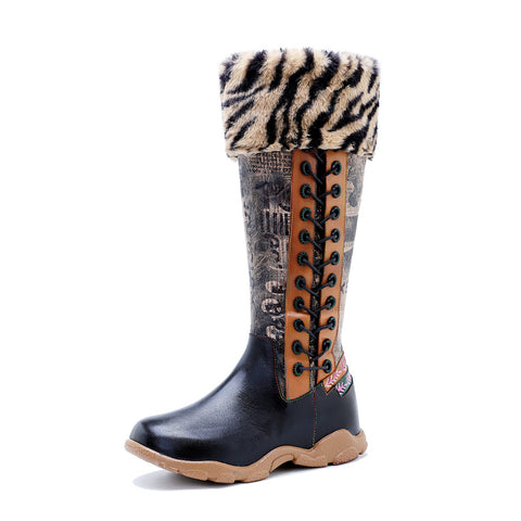 Vintage Handmade Fur Collar Flat Boots