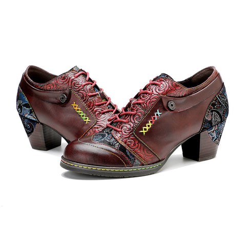 Leather Hand-rubbed Retro Print Stitching Chunky Heel Strappy High Heels