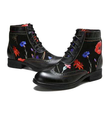 Romantic Floral Cowhide Ethnic Vintage Women's Leather Boots