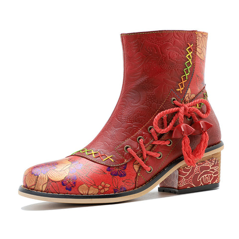 Hand-rubbed leather stitching printed strappy women's short boots