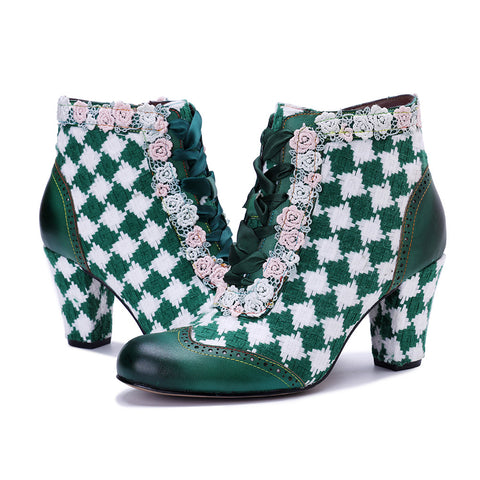 2025 Winter New Women's Leather Hand-polished Retro Splicing Woven Plaid Side Zipper Short Boots
