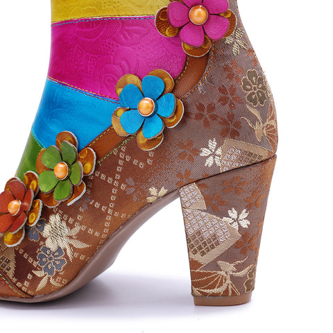 2025 New Women's Leather Hand-polished Splicing Contrasting Color Three-dimensional Flower Side Zipper Short Boots