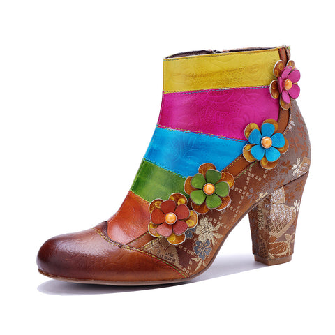 2025 New Women's Leather Hand-polished Splicing Contrasting Color Three-dimensional Flower Side Zipper Short Boots