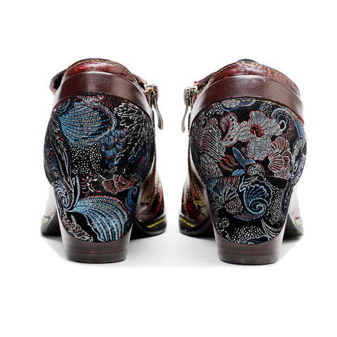 Leather Hand-rubbed Retro Print Stitching Chunky Heel Strappy High Heels