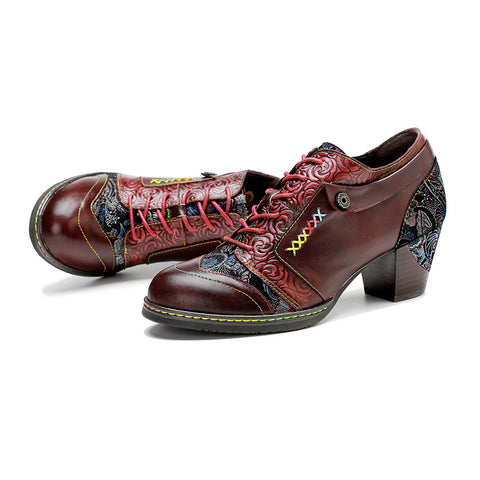 Leather Hand-rubbed Retro Print Stitching Chunky Heel Strappy High Heels