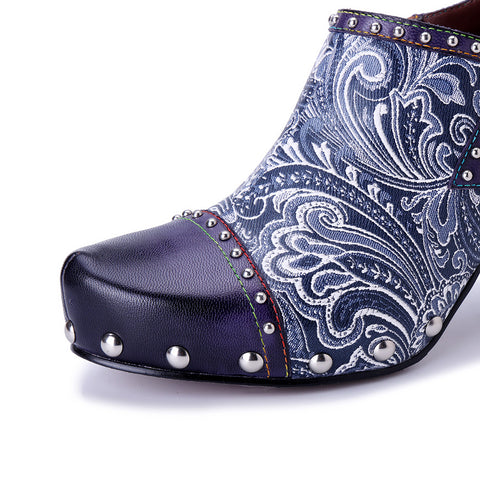 2025 Winter New Leather Hand-polished Printed Rivets  Women's High Heels