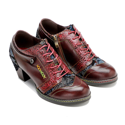 Leather Hand-rubbed Retro Print Stitching Chunky Heel Strappy High Heels