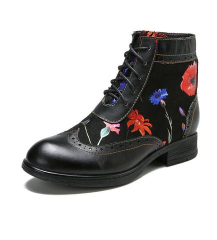 Romantic Floral Cowhide Ethnic Vintage Women's Leather Boots