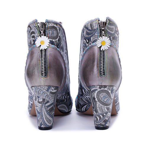 2026 New Handmade Leather Polishing Splicing Printing Process Heel Zipper Thick Heel Short Boots