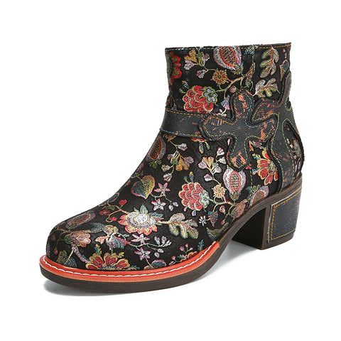 Ethnic floral women's round toe cowhide women's leather boots