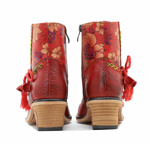 Hand-rubbed leather stitching printed strappy women's short boots