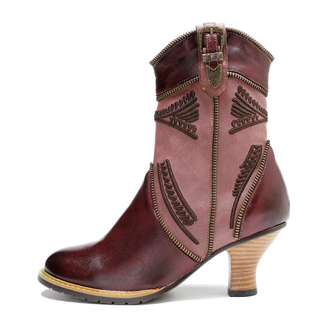 Handmade Genuine Leather Color Rubbed Electric Embroidered Zipper Edge Women's Short Boots