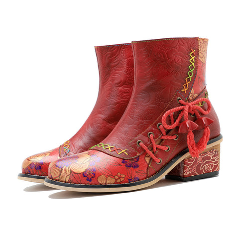 Hand-rubbed leather stitching printed strappy women's short boots