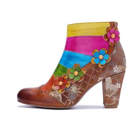 2025 New Women's Leather Hand-polished Splicing Contrasting Color Three-dimensional Flower Side Zipper Short Boots