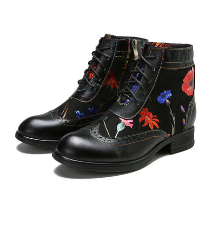 Romantic Floral Cowhide Ethnic Vintage Women's Leather Boots