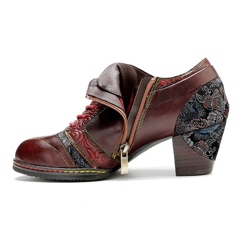 Leather Hand-rubbed Retro Print Stitching Chunky Heel Strappy High Heels