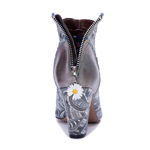2026 New Handmade Leather Polishing Splicing Printing Process Heel Zipper Thick Heel Short Boots