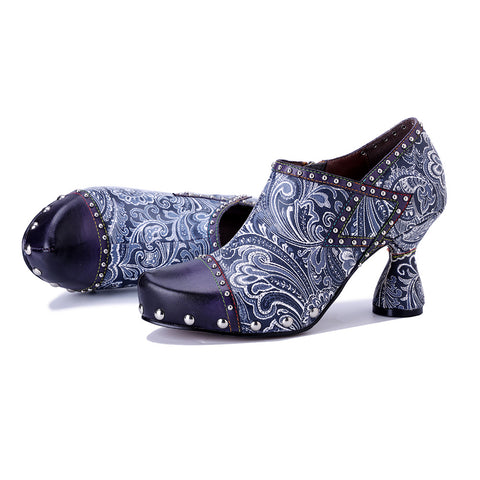 2025 Winter New Leather Hand-polished Printed Rivets  Women's High Heels