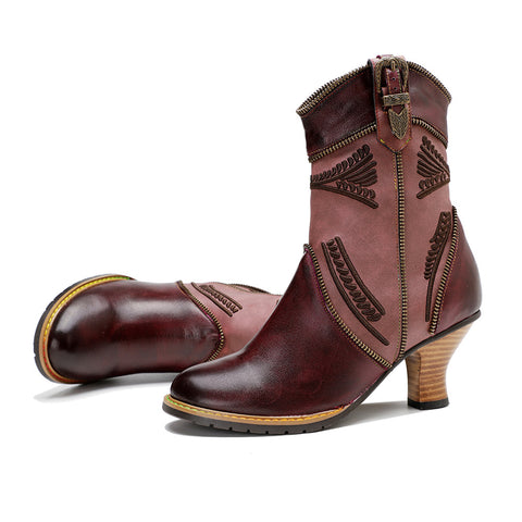 Handmade Genuine Leather Color Rubbed Electric Embroidered Zipper Edge Women's Short Boots