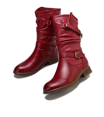 Vintage Leather Tab Buckle Women's Boots Cowhide Ethnic Women's Sleeve Boots