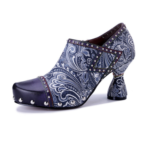 2025 Winter New Leather Hand-polished Printed Rivets  Women's High Heels