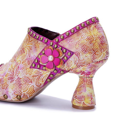 2026 New Women's Leather Hand-polished Printing Retro Three-dimensional Flowers Rivet High Heels
