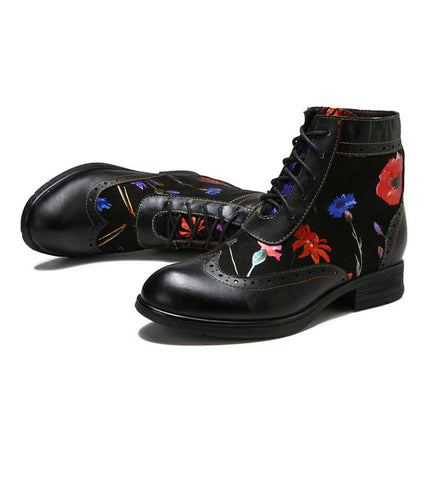 Romantic Floral Cowhide Ethnic Vintage Women's Leather Boots