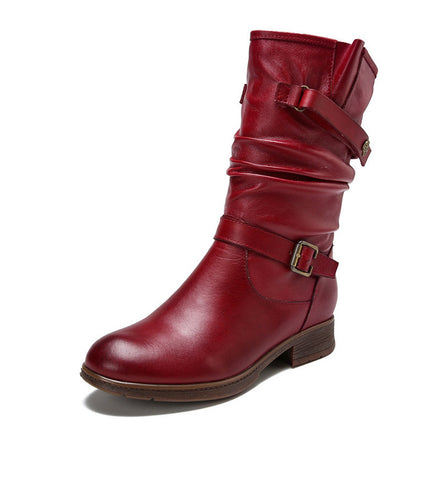 Vintage Leather Tab Buckle Women's Boots Cowhide Ethnic Women's Sleeve Boots