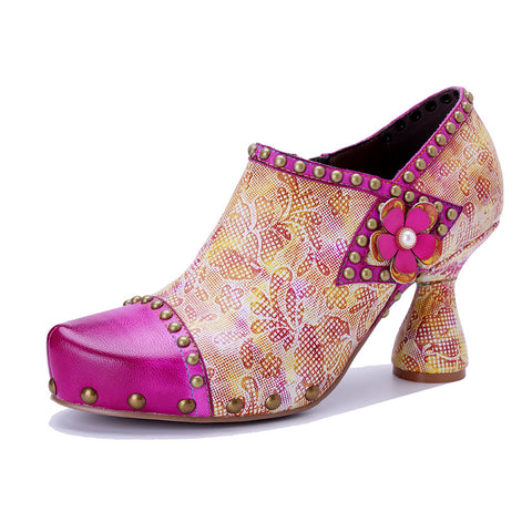 2026 New Women's Leather Hand-polished Printing Retro Three-dimensional Flowers Rivet High Heels