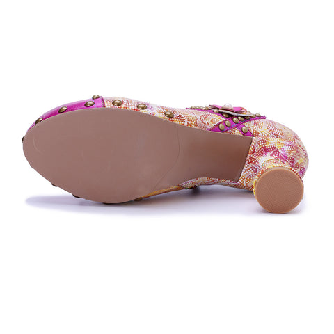 2026 New Women's Leather Hand-polished Printing Retro Three-dimensional Flowers Rivet High Heels