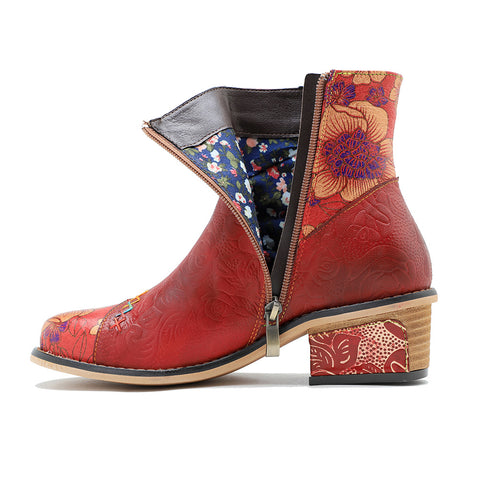 Hand-rubbed leather stitching printed strappy women's short boots