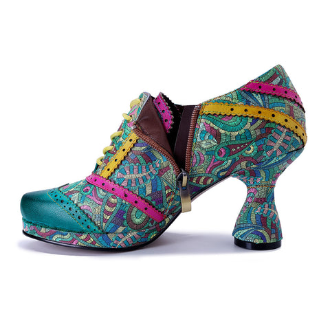 2025 New Leather Hand-polished Splicing Printing Contrasting Colors Women's High Heels