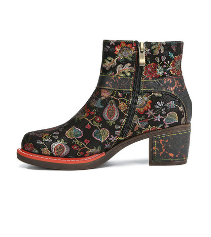 Ethnic floral women's round toe cowhide women's leather boots