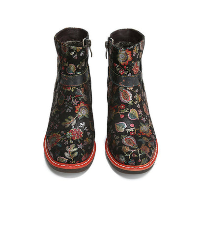 Ethnic floral women's round toe cowhide women's leather boots