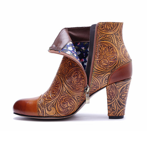 2026 Leather Hand-polished Printing Three-dimensional Flower Thick Heel Side Zipper Women's Boots