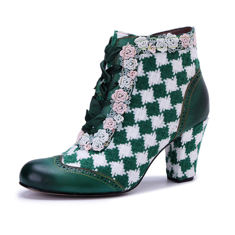 2025 Winter New Women's Leather Hand-polished Retro Splicing Woven Plaid Side Zipper Short Boots