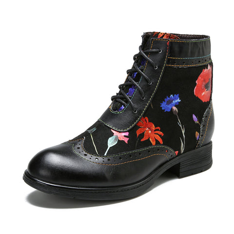 Romantic Floral Cowhide Ethnic Vintage Women's Leather Boots