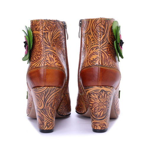 2026 Leather Hand-polished Printing Three-dimensional Flower Thick Heel Side Zipper Women's Boots