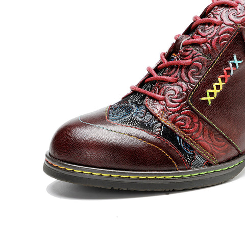 Leather Hand-rubbed Retro Print Stitching Chunky Heel Strappy High Heels