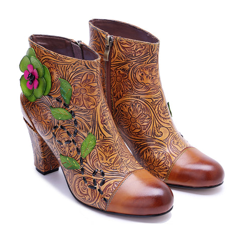 2026 Leather Hand-polished Printing Three-dimensional Flower Thick Heel Side Zipper Women's Boots