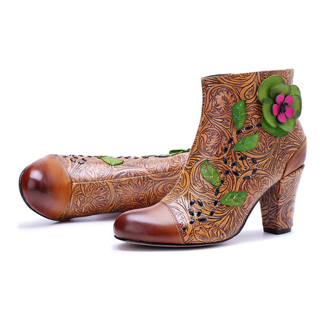 2026 Leather Hand-polished Printing Three-dimensional Flower Thick Heel Side Zipper Women's Boots