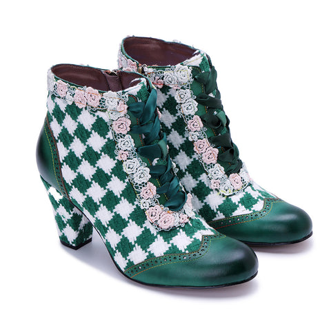 2025 Winter New Women's Leather Hand-polished Retro Splicing Woven Plaid Side Zipper Short Boots